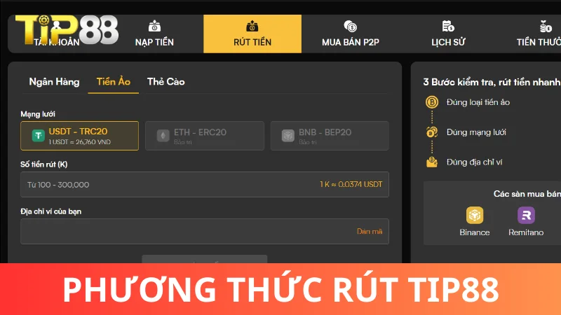 Các phương thức rút tiền Tip88 là gì?