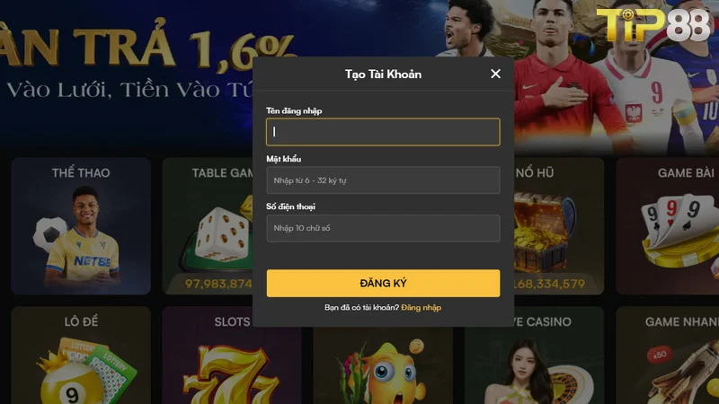Form đăng ký tài khoản chơi cơ bản tại Tip 88