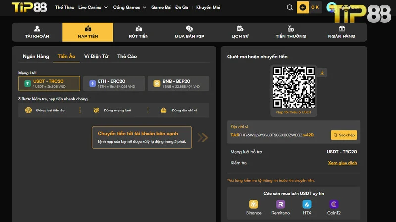 Nạp tiền đa dạng các hình thức từ nhà cái